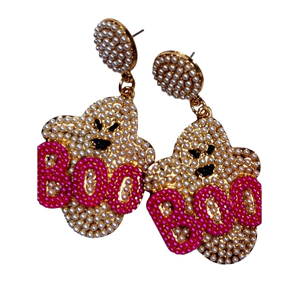 Halloween Ghost Statement Earrings BOO Faux Pearl Pink Seed Beads Dangle & Bonus